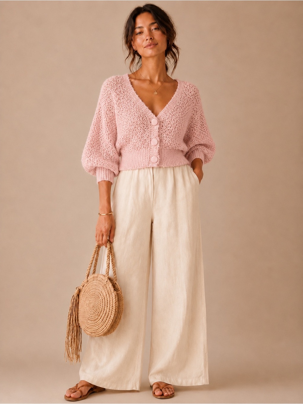 Button-Front Open Knit Dolman Sweater Cardigan - light pink